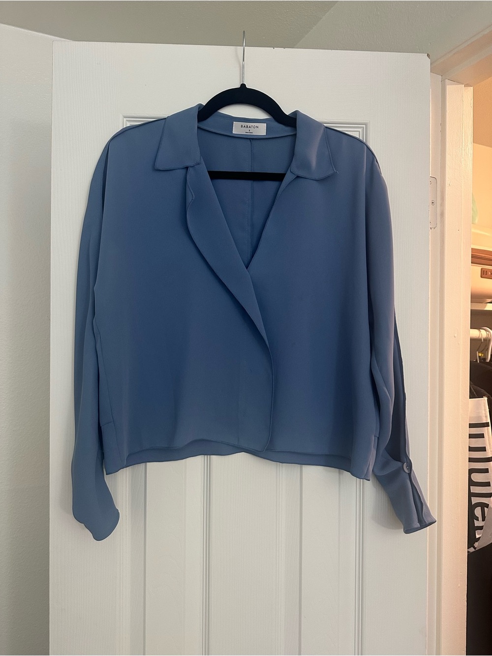 Babaton Dusty Blue Open-Collar Blouse